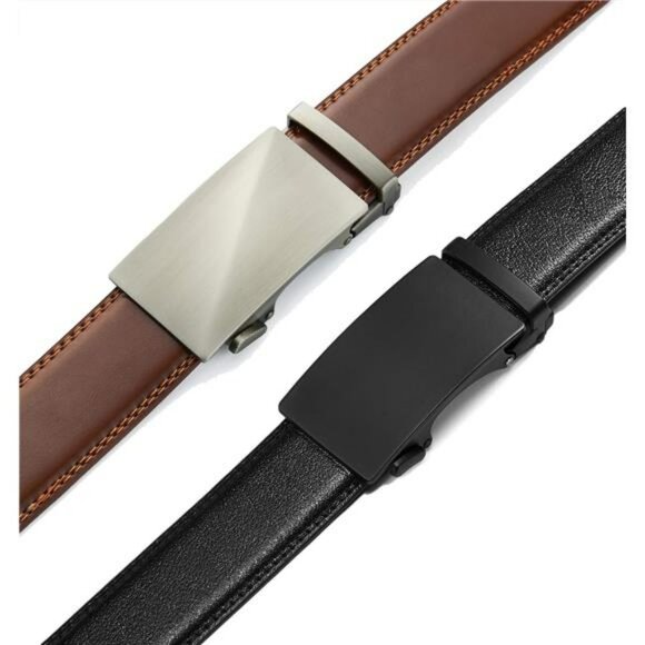 Mens Leather Ratchet Belts Adjustable Dress Belt Set Black Brown Pack of 2 - Picture 3 of 6